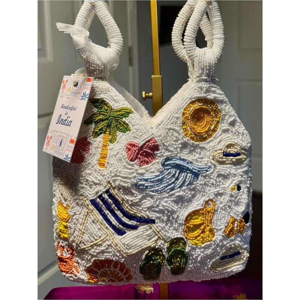 NWT Handcrafted in India Beaded Multi Graphic Summer Vacation Tote Bag